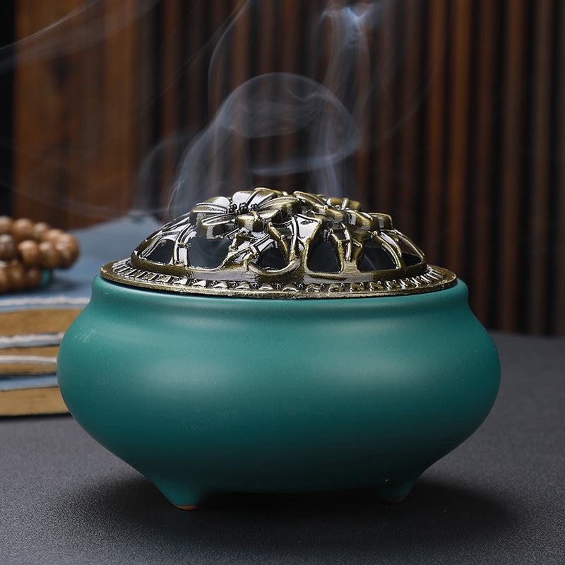 Copper Lid Ceramic Incense Burner, Antique Alloy