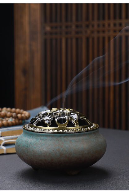 Copper Lid Ceramic Incense Burner, Antique Alloy