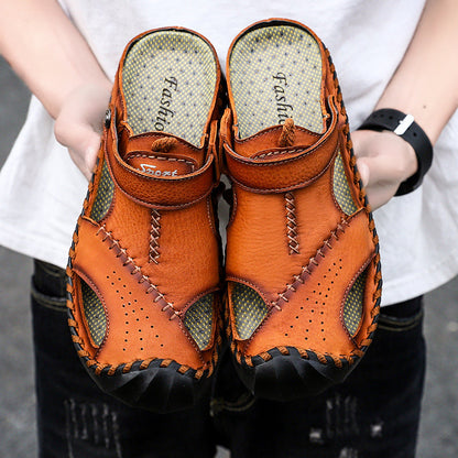 Men's Large Size Breathable Slippers Two-layer Leather Casual Shoes Summer Beach Shoes Men
