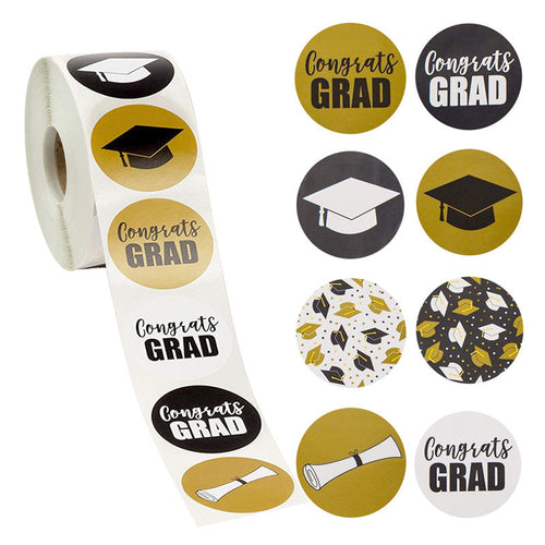 Graduation Round Stickers - Cap & Diploma Design