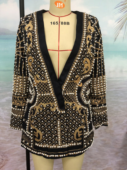 V-neck Long-sleeved Suit Blouse With Bubble Print Women's Clothing