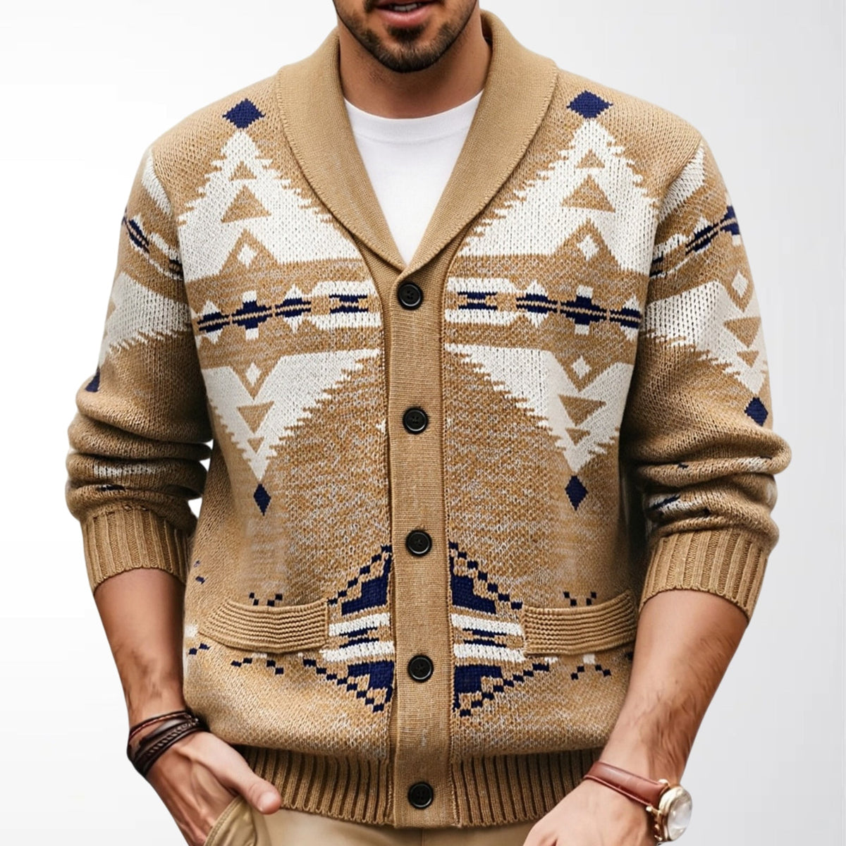Mens Ethnic-style Loose-fit Sweater Coat With A Collar