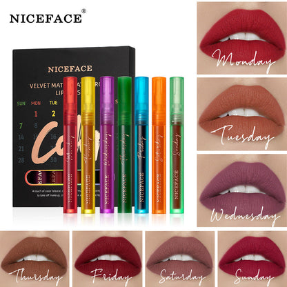 Niceface Weekly Lip Gloss 7 Sticks Lip Gloss Velvet Matte Lip Gloss Set Matte Non-Stick Cup Waterproof Makeup