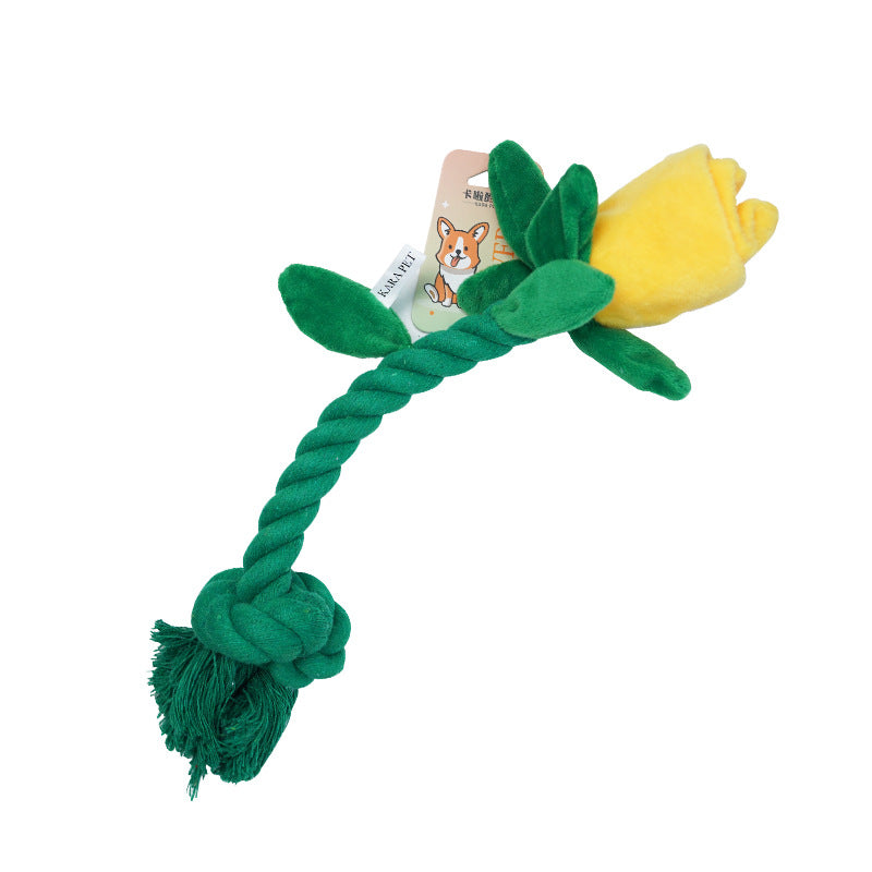 Dog Toy Rose Flower Plush Durable Biting Tooth Cleaning Cotton Rope Knot Crinkle Sound Self-Entertainment Interactive Pet Product