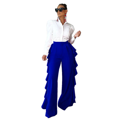 Ruffle Trimmed High-waisted Wide-leg Pants