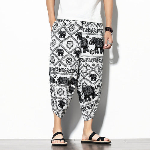 Printed Baggy Cotton Linen Cropped Pants