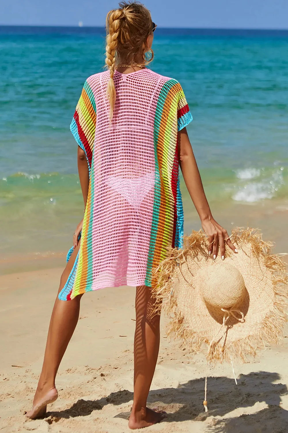 Angel Wings Openwork Striped Slit Knit Cover Up