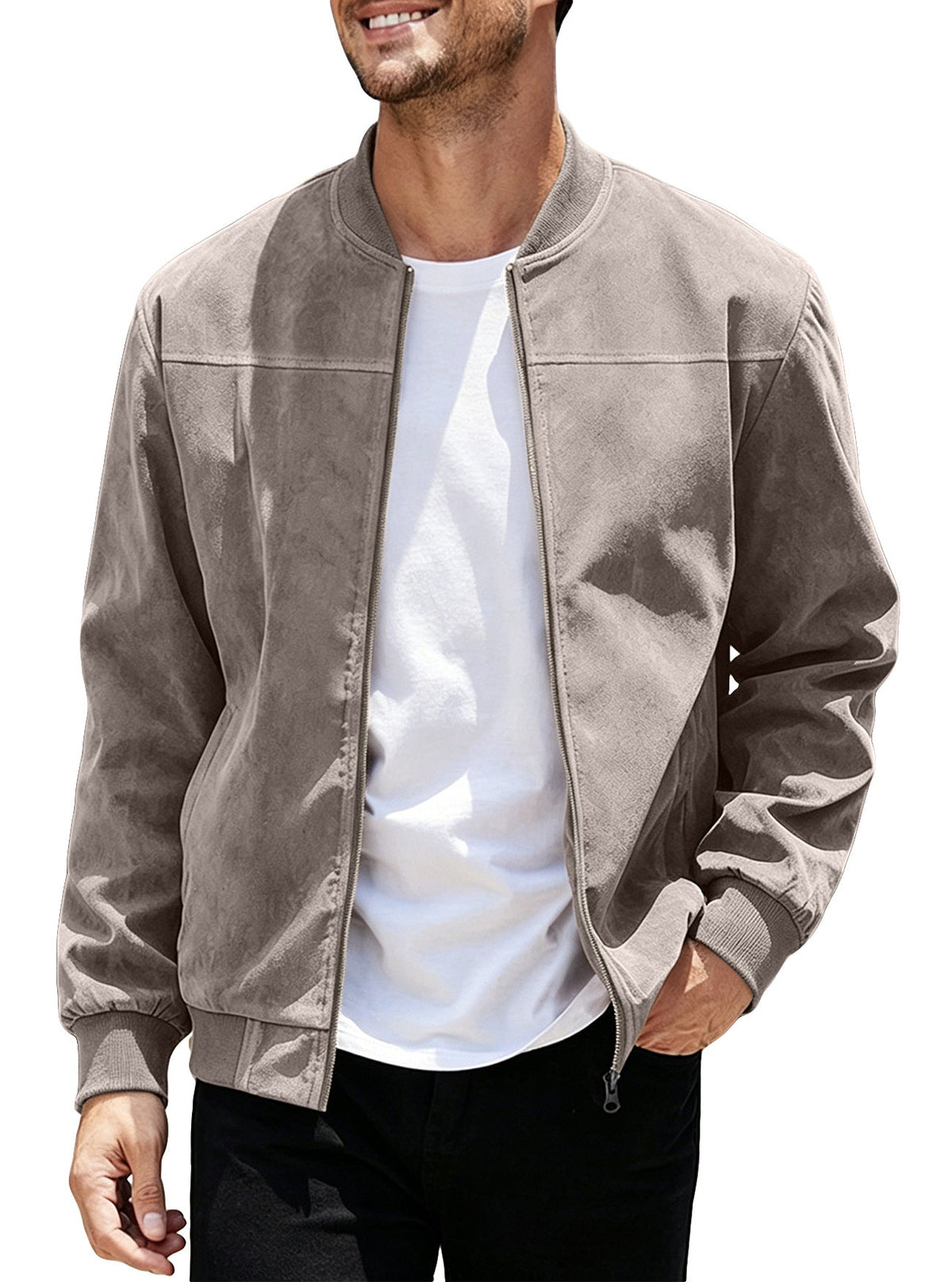 Cross-Border European And American  Men's Suede Zipper Jacket With Solid Color Patchwork Design, Simple Solid Color Outerwear