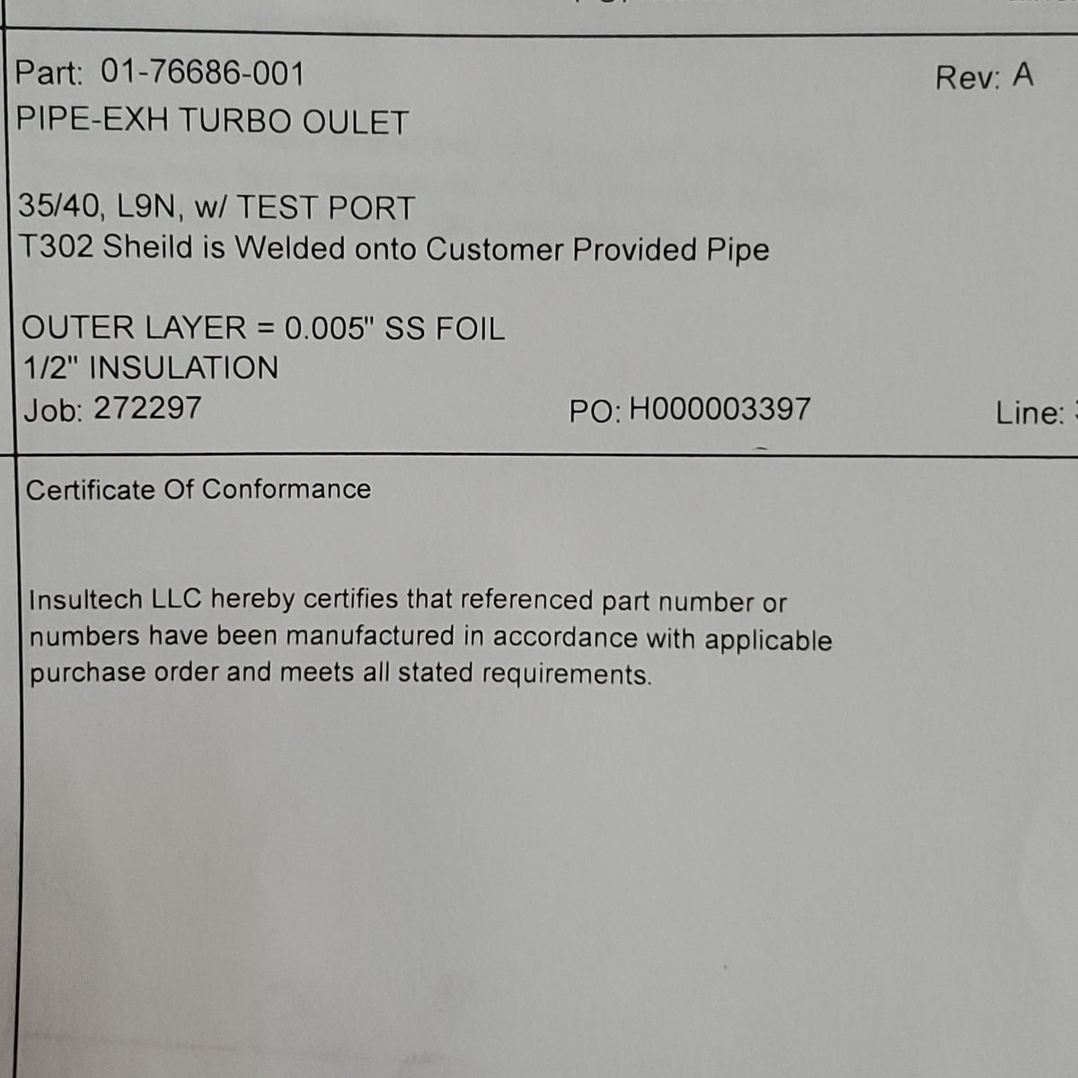INSULTECH Exhaust Muffler/Turbo Outlet Insulated Pipe U-Shape 0176686001 (New)