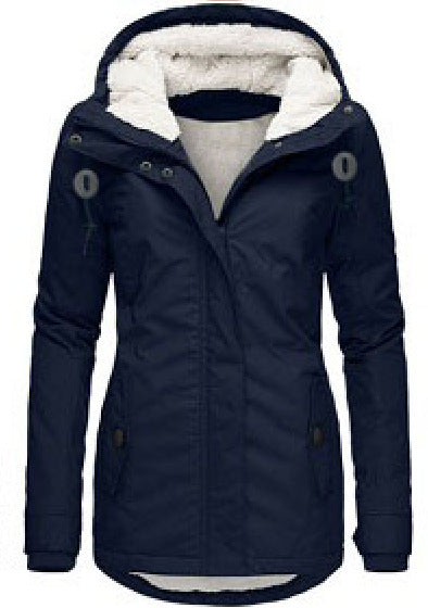 Winter Hooded Jacket Solid Color Warm Buckle Zip-up Fleece Jacket With Pockets Women's Casual Jacket