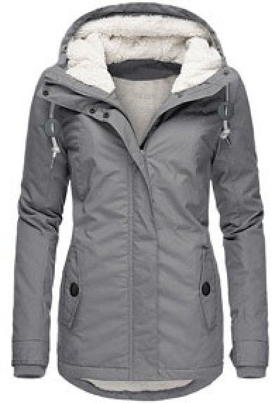 Winter Hooded Jacket Solid Color Warm Buckle Zip-up Fleece Jacket With Pockets Women's Casual Jacket