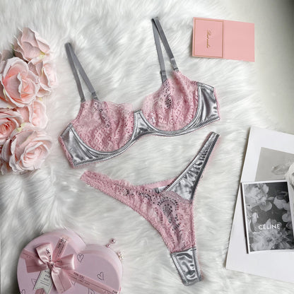 Color Matching Lace Mesh Suit See-through Two-piece Set For Women