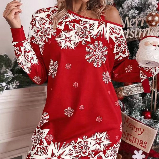 Christmas Snowflake Print Long Sleeve Sloping Shoulder Dress Women