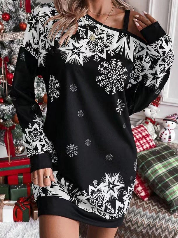 Christmas Snowflake Print Long Sleeve Sloping Shoulder Dress Women