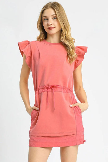 Umgee Luxe knit Ruffle Sleeve Drawstring Mini Dress