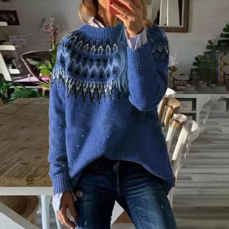 Round Neck Pullover Jacquard Vintage Print Sweater
