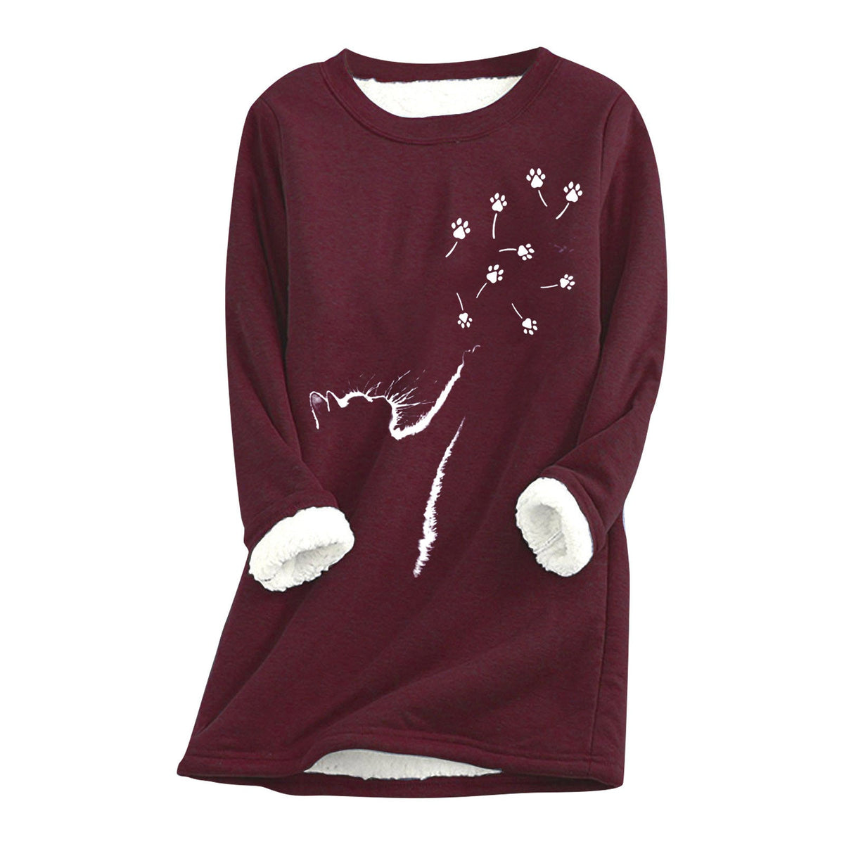 Womens Cat-Paw Print Fluffy Crew-Neck Sweatshirt