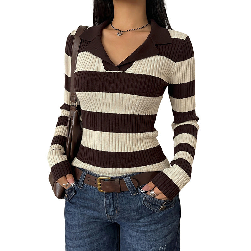 Notch-Neck Slim-Fit Knitted Sweater For Women