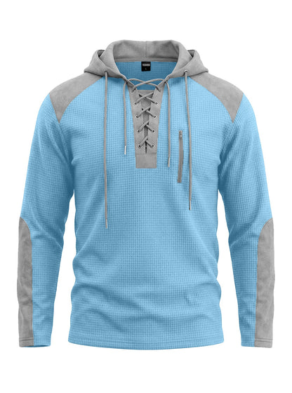 Cross-border TK Men's Waffle Pattern Color-blocked Hoodie, European And American Style, With Drawstring, Plus-size Long-sleeve Top, Casual Pullover Sweatshirt
