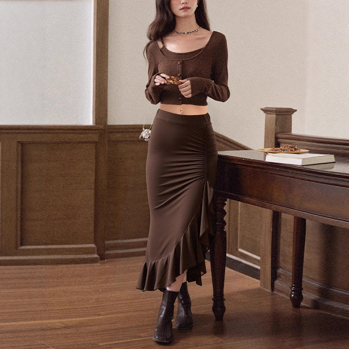 Irregular Ruffled Midi Skirt For Women