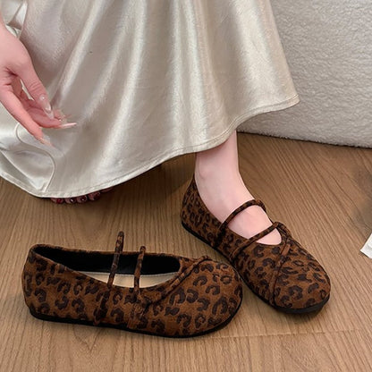 Women Leopard Print Criss Cross Strap Mary Jane Shoes Retro Flat French Ballet Flats