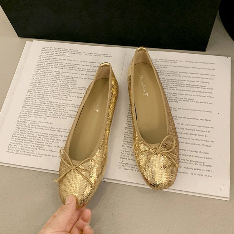 Shiny Gold Sequin Ballerina Flats, Casual Comfortable Flat Shoes For Women