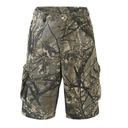Retro Distressed Branch-Texture Camouflage Shorts For Men