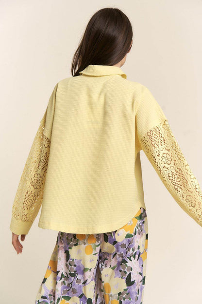 J.NNA Button Down Lace Long Sleeve Waffle Shirt for Women
