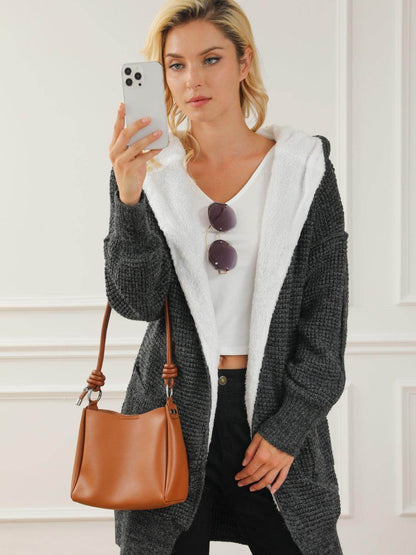 Open Front Hooded Winter Coat with Pockets for Women