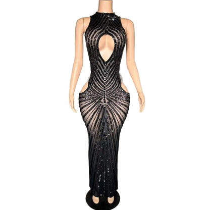 Womens Sexy Mesh Hollow-Out Nightclub Stage Dress Performance Outfit Evening Gown