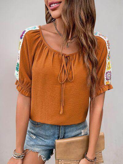 Perfee Tied Crochet Detail Short Sleeve Blouse for Women