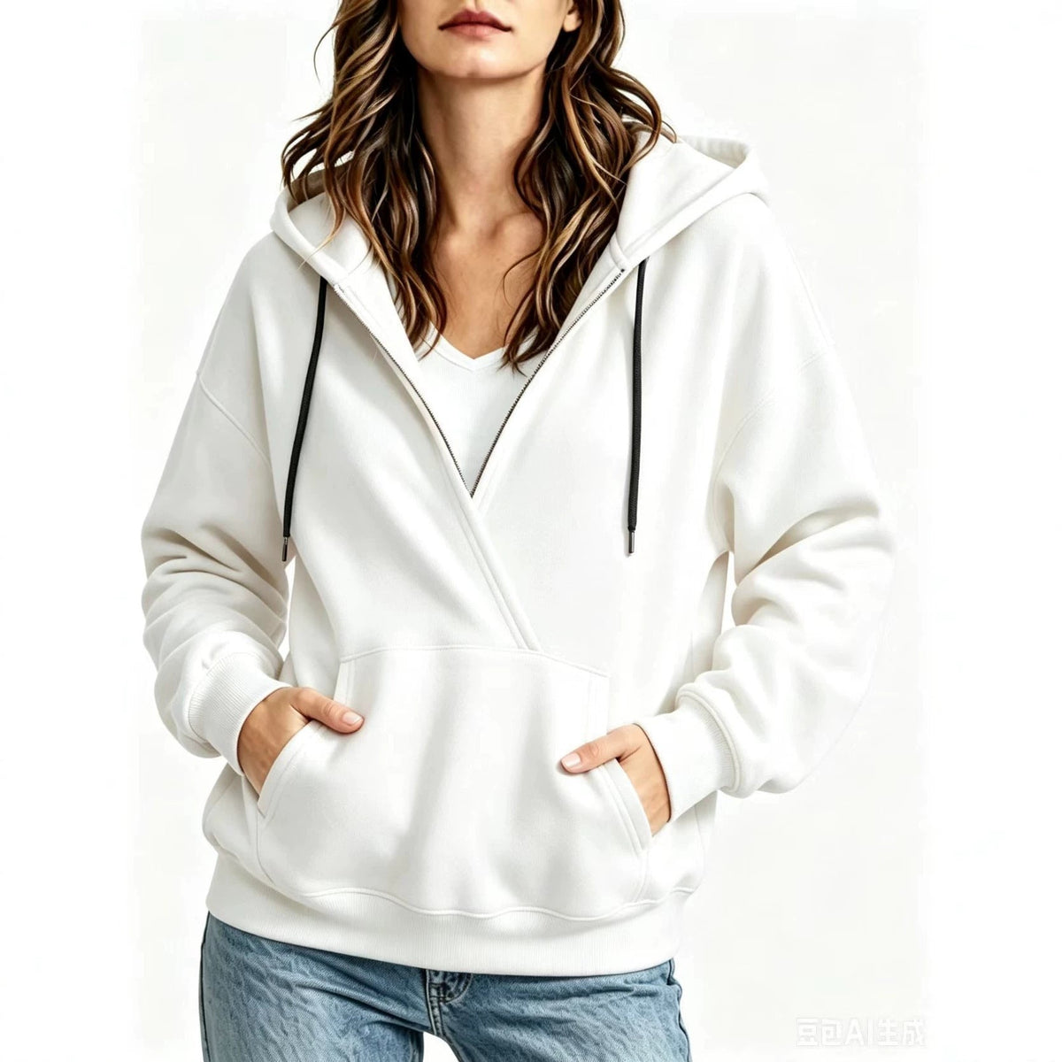 Womens Half-Zip Fake Two-Piece Hoodie