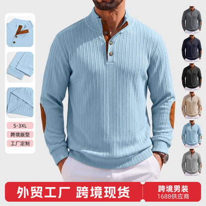 Men's Stand Collar Textured Jacquard Sleeve Patch Sweatshirt, American-Style Plus Size Casual Sports Polo Shirt For Export