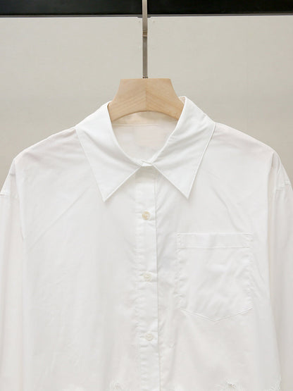 Lapel-neck Lace-panel Long-sleeve Blouse For Women