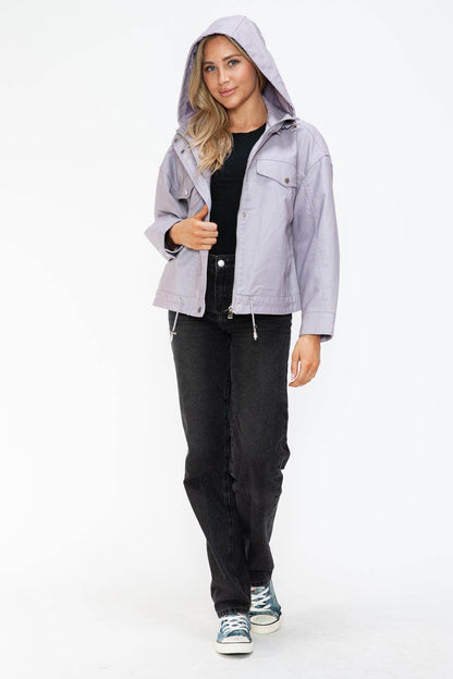 How Dare U Drawstring Hem PU Leather Zip Up Jacket Women