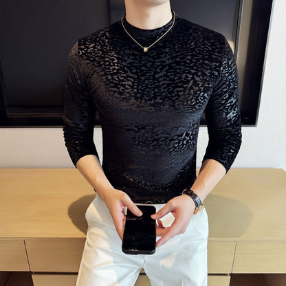 Velvet Leopard Print Jacquard Half-High Collar Long-Sleeve T-Shirt