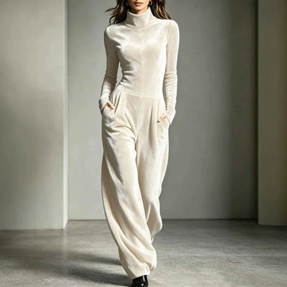 Womens Casual Turtleneck Solid-Color Long-Sleeve Jumpsuit