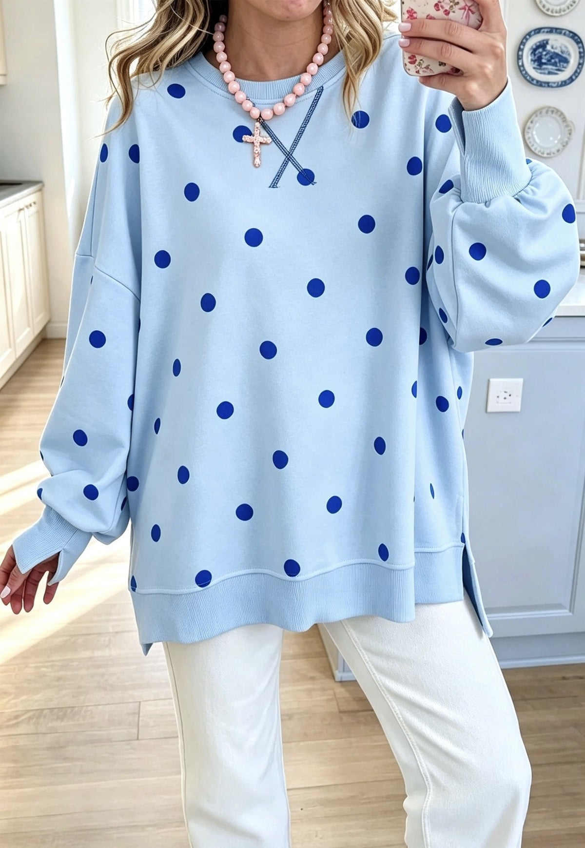Womens Polka-Dot Print Pullover Long-Sleeve Sweatshirt