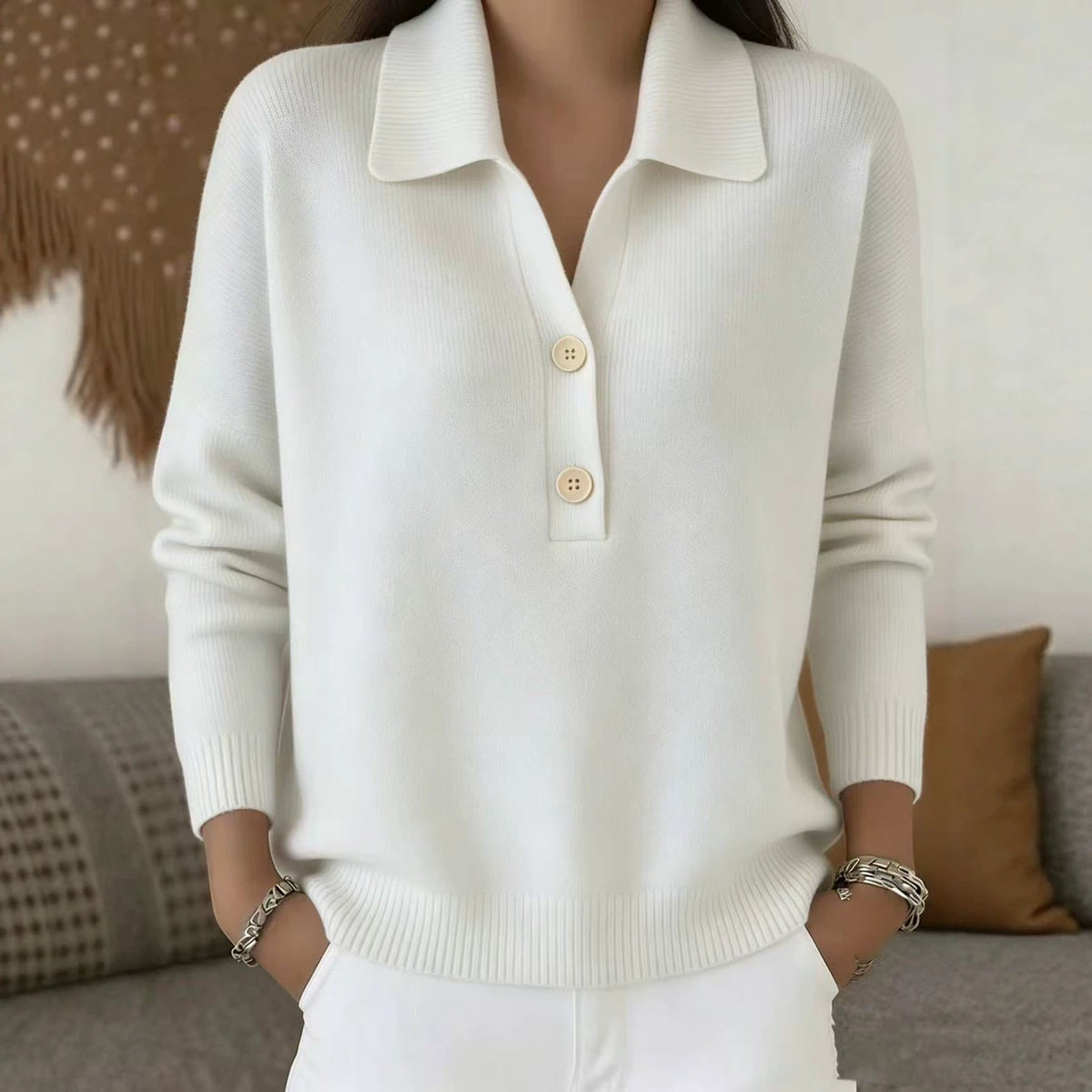 Button Lapel Sweater Women's Knitted Polo Neck Long Sleeve Pullover Top Casual Fall Winter Clothing