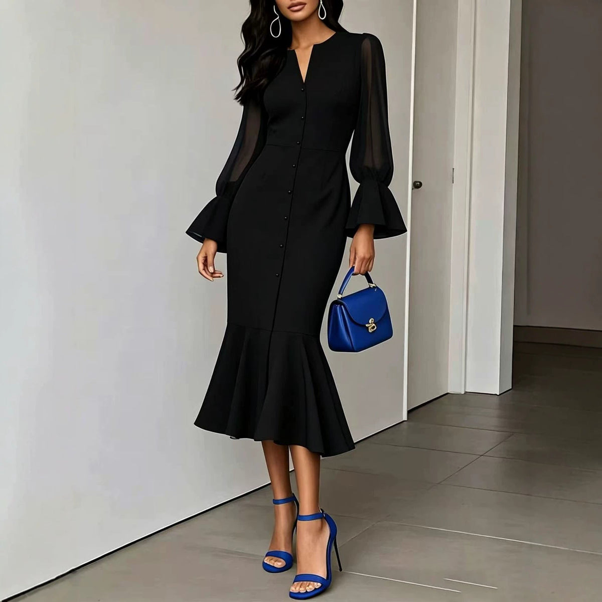 V-neck Chiffon Patchwork Puffed Long-sleeve Dress