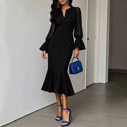 V-neck Chiffon Patchwork Puffed Long-sleeve Dress