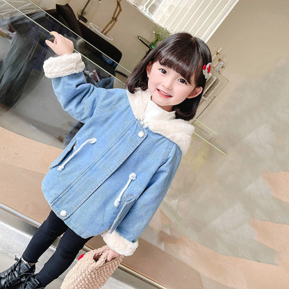 Girls' Denim Jacket Girls' Baby Plus Velvet Thickening