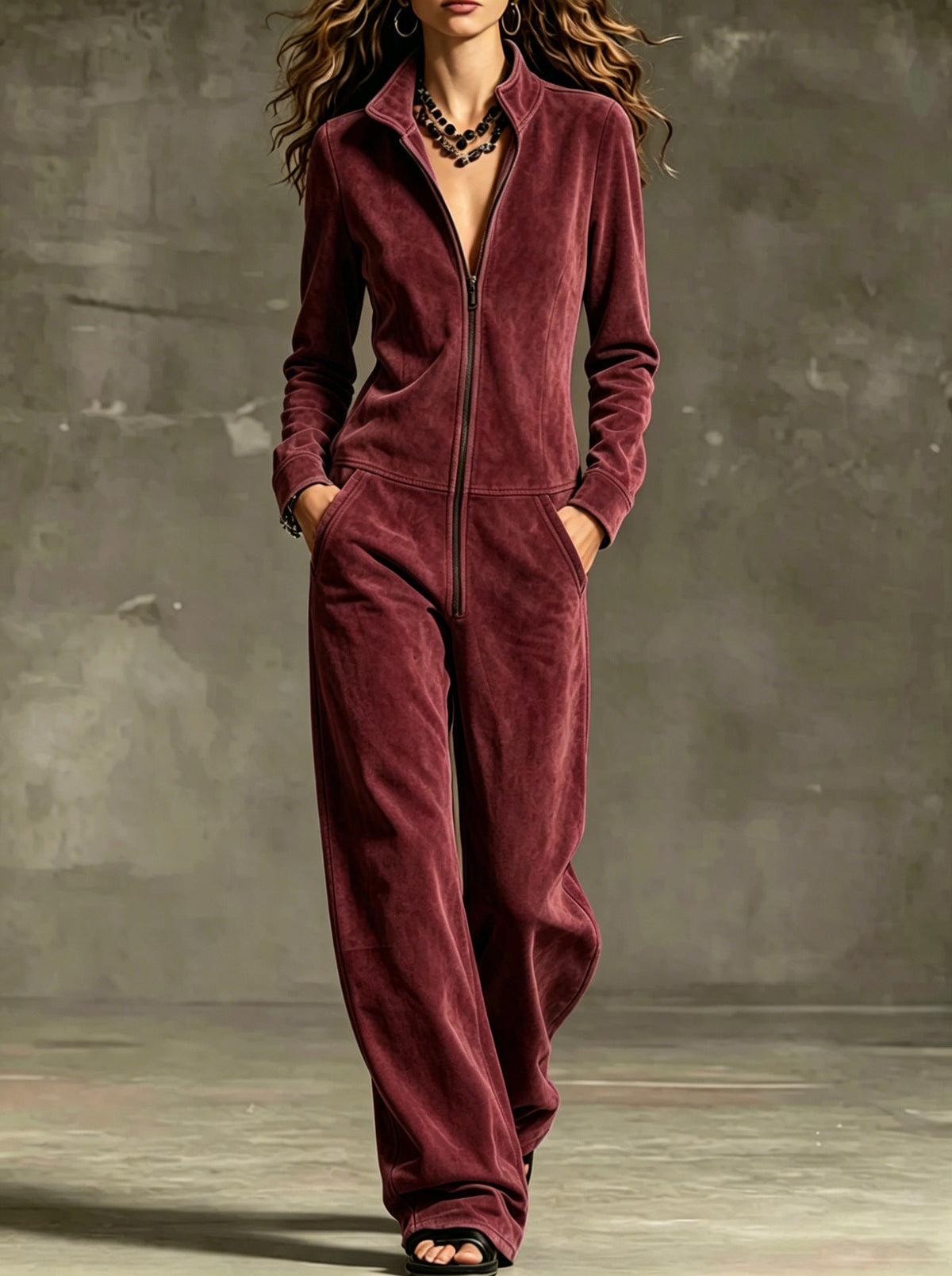 Womens Wide-leg Jumpsuit With Zip Pockets