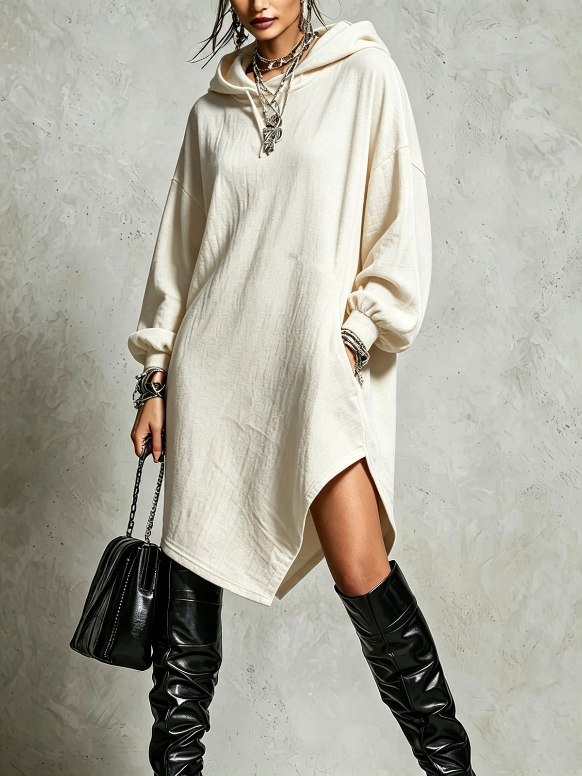 Womens Solid-Color Irregular Side-Slit Hooded Sweatshirt Dress