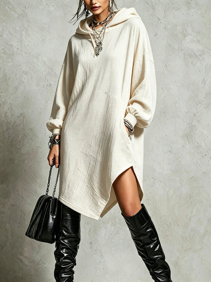 Womens Solid-Color Irregular Side-Slit Hooded Sweatshirt Dress