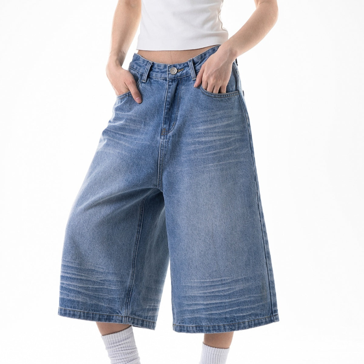 Retro Cropped Jeans Loose Straight Cargo Casual Wide-leg Pants Shorts For Women