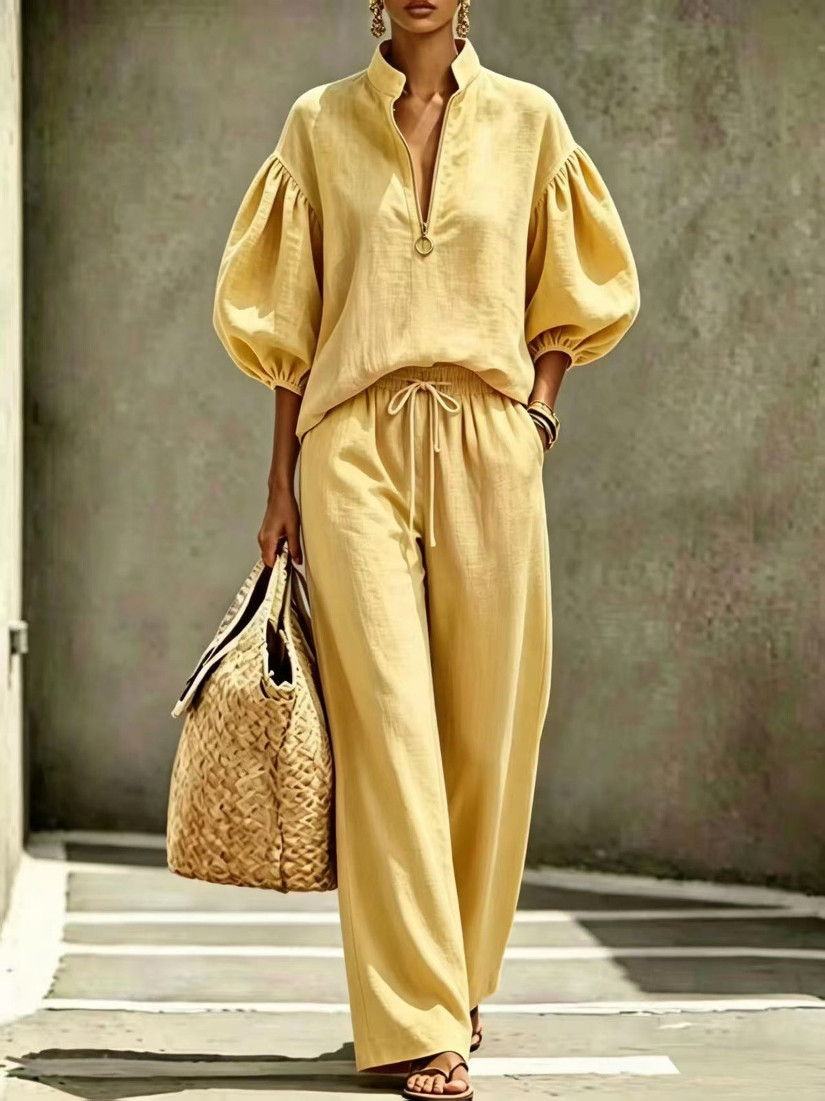 Loose-fitting Solid-color Womens Set With A Half-zip And Puff Sleeves