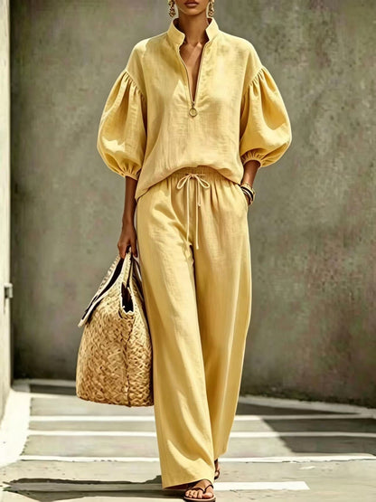 Loose-fitting Solid-color Womens Set With A Half-zip And Puff Sleeves