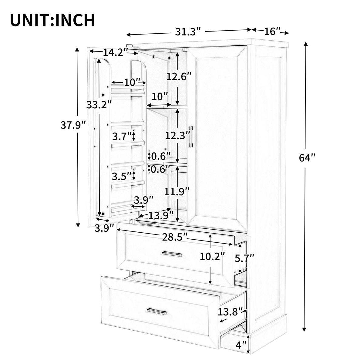 Tall Bathroom Storage Cabinet, Cabinet with Two Doors and Drawers, Adjustable Shelf, MDF Board, White