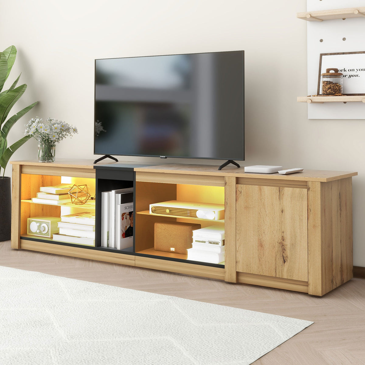 ModernTV stand suitable for TVs under 80 inches, media console with multifunctional storage, and LED lights